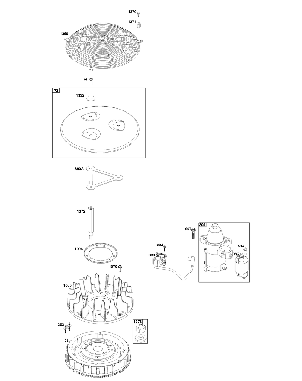 Flywheel, Ignition, And Starter Group Diagram and Parts List for 61E877-0109-J1 400000 - 699999 Briggs and Stratton Engine